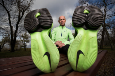Steve Moneghetti, sporting a pair of new generation Alphaflys, says the shoes take about three seconds off every kilometre he runs.