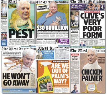 A compilation of The West Australian newspaper’s front pages depicting billionaire Clive Palmer as Dr Evil, a cane toad and cockroach, among others.