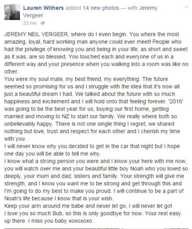 Lauren Withers' post to her fiance Jeremy Vergeer. 