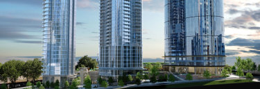 Artist impressions of AAIG's proposed two towers (left) beside existing Woodside building (right). 