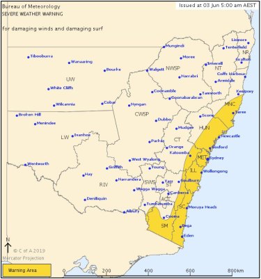 A severe weather warning issued on Monday morning stretches from Victoria to the Mid North Coast of NSW. 