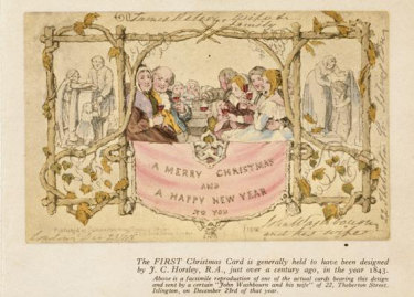 The first Christmas card designed by John Callcott Horsley for Henry Cole in 1843.