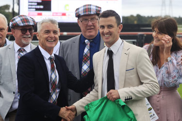 Robert and Luke Price with connections after Count De Rupee’s win.