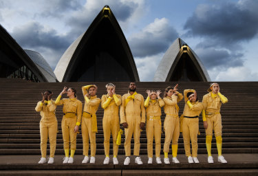 Dressed in yellow boilersuits and tights, the performers in Encounter Sydney resemble the small one-eyed creatures from animated movie Minions.