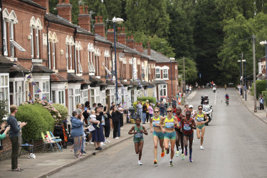 Australia's Eloise Wellings leads Australia's Jessica Stenson during the Women's Marathon on day two of the Commonwealth Games in Birmingham, England