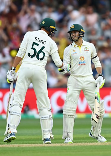 Carey is congratulated by Starc after his half century. 