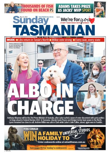 The front page of The Sunday Tasmanian.