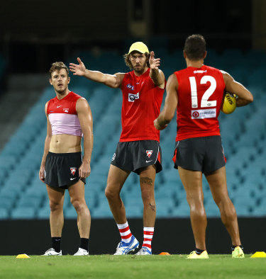 Tom Hickey takes a leadership role at Swans training