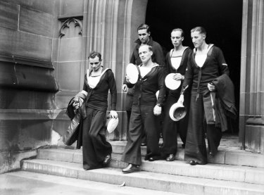 A memorial service is held at St Andrews Cathedral, Sydney, for the men lost on HMAS Perth and HMAS Yarra, 20 March 1942.