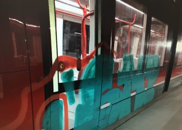 The vandalised tram.