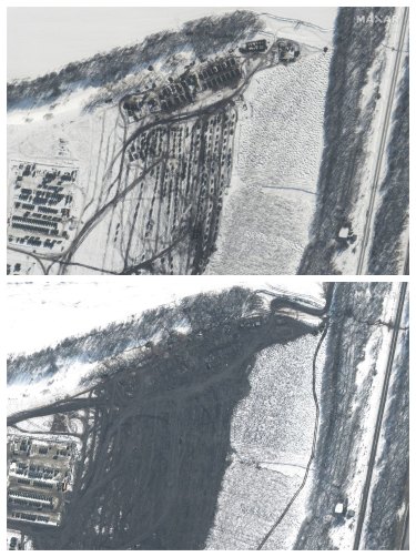 This combination of Feb. 13, top, and 20, 2022 satellite images provided by Maxar Technologies shows a movement of equipment from a military garrison in Soloti, Russia, about 15 miles (25 kilometers) north of the border with eastern Ukraine. (Maxar Technologies via AP)