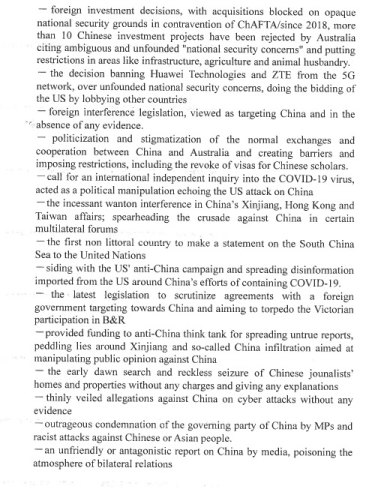 The list of grievances outlined in a document provided by the Chinese embassy to Australia. 