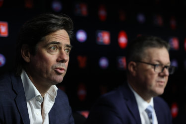 AFL chief Gillon McLachlan (left) and AFLPA chief Paul Marsh are working towards an upgraded illicit drugs policy.