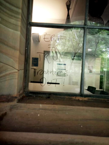 Transphobic graffiti scrawled on a window at Melbourne University in February.