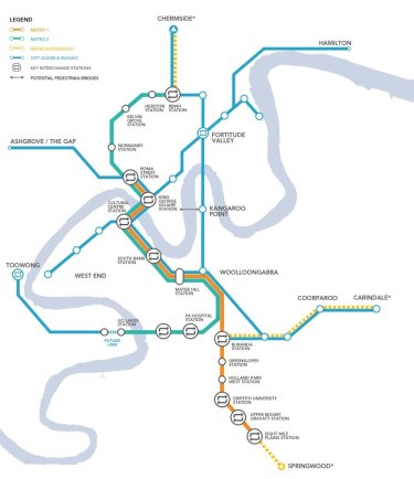 Future extensions to the Brisbane Metro are shown with the broken yellow lines.
