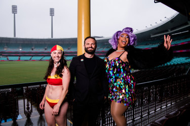 Lifesaver Michelle Ricketts, Mardi Gras chief executive Albert Kruger and performer Coco Jumbo at the Sydney Cricket Ground, which will again host the Mardi Gras parade. 