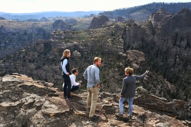 Four NSW MPs visit the “Lost City” stone pagodas in the midst of a proposed extension of the Gardens of Stone conservation area in the western Blue Mountains. There are, from left, Labor’s Jo Haylen and 
Rose Jackson, independent Justin Field and the Liberals’ Catherine Cusack.