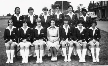 Erica Sainsbury (back row, second from left) played ten matches for NSW as a wicket-keeper in the late 1970s, vice-captaining the team five times. 