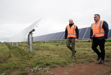 Energy Minister Matt Kean (left) with Deputy Premier and NSW National Party leader John Barilaro during a visit to a solar farm near Dubbo in June.