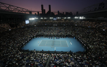 Rod Laver Arena and the Melbourne skyline.