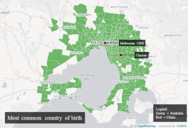 Australia is the most common country of birth in all but two Melbourne suburbs.