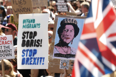 Demonstrators hold anti-Brexit placards.