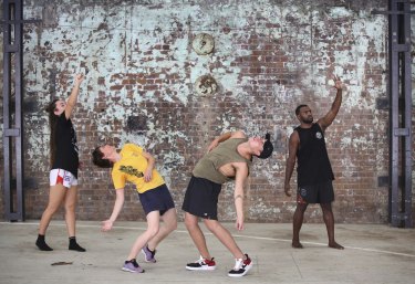 Dancers from cross-cultural performance company Marrugeku Bhenji Ra, Miranda Wheen, Czack Bero and Chandler Connell during rehersals at CarriageWorks.