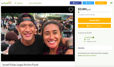 A screenshot of Israel Folau's GoFundMe page. 