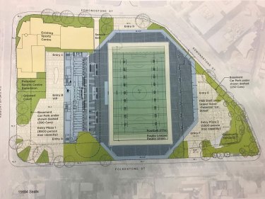 Plans for a 15,694-seat boutique stadium at Perry Park, Brisbane.