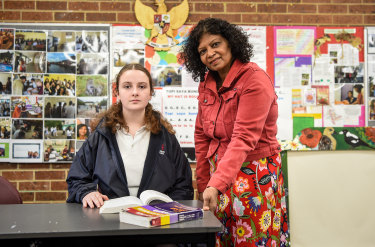 Year  11 Heathmont College student Sophie Rees with her Indonesian teacher Prema Devathas.