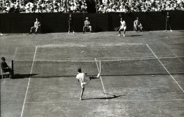 Action from the final day of the 1951 Davis Cup between the USA and Australia at White City in Sydney on December 28, 1951: Frank Sedgman vs Vic Seixas (top). 