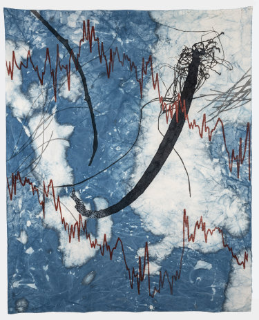 Judy Watson, memory scar, grevillea, mangrove pod (& net), 2020, indigo, acrylic, graphite and linen thread on canvas. 