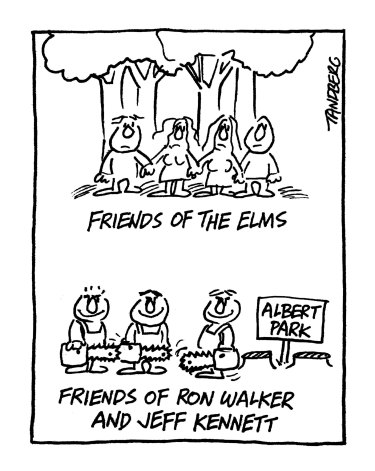 00983642.JPG Age Illustration . Ron TANDBERG cartoon. 06.03.2000 . Friends of the elms - shown standing in front of trees to protect them. S Friends of Ron Walker and Jeff Kennett - shown standing with chainsaws next to sawn-down trees at Albert Park.