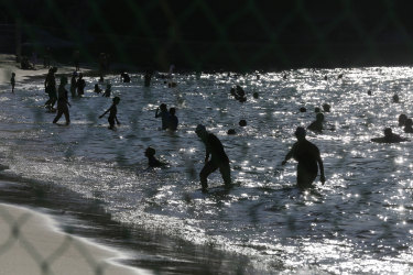 Beachgoers as seen through the shark net at Shark Beach in Sydney earlier this week.