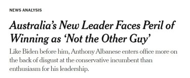 A headline about the Australian election from The New York Times.