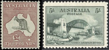 The £2 red kangaroo and the five-shilling Sydney Harbour Bridge.