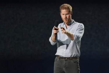 Prince Harry, Duke of Sussex, speaks at “Vax Live: The Concert to Reunite the World” in Los Angeles.