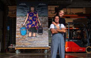 Artists Blak Douglas and friend, fellow artist Kim Leutwyler, drop off their Archibald entries at the Art Gallery of NSW.  Blak Douglas's entry of Lismore artist Karla Dickens, is behindtitled Moby Dickens.