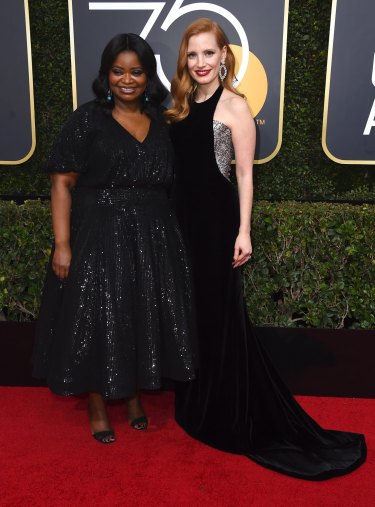 Octavia Spencer, left, and Jessica Chastain arrive at the 75th annual Golden Globe Awards.