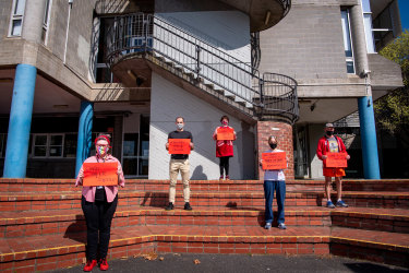 Princes Hill Secondary School staff members (left to right): Felicity Marlowe, Jamiel Sabbagh, Jessica Little, Lou Dâ€™Adam and Bernie Dineen have joined a push for mandatory vaccinations for school staff before children resume face-to-face lessons.