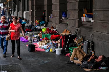 A large homeless camp outside Flinders Street Station in Melbourne.