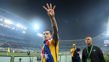 One of the greats: Tim Cahill celebrates qualifying for a fourth World Cup last year.