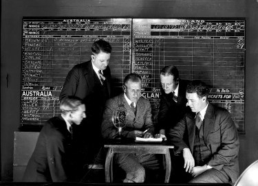 Radio coverage of the Third cricket test match between Australia and England at Old Trafford from radio station 2UE in Sydney on 10 July 1934. The staff are pictured here at the end of the match which ended in a draw.