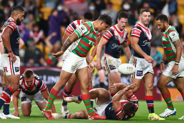 Latrell Mitchell of the Rabbitohs reacts after scoring against the Roosters.