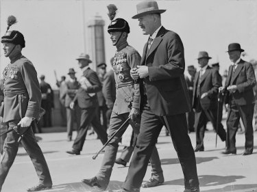 Sir Philip Game (left) and Jack Lang at the opening of the Sydney Harbour Bridge on March 19, 1932