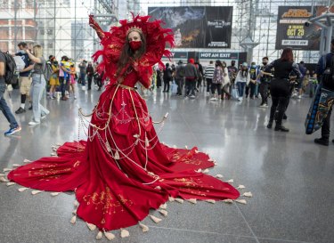 A costumed attendee poses during New York Comic Con at the Jacob K. Javits Convention Centre on Saturday AEDT.