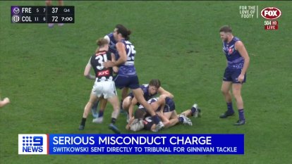 Fremantle's Sam Switkowski has been sent to the tribunal for this tackle on Collingwood youngster Jack Ginnivan