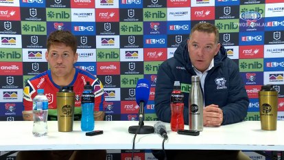 Knights coach Adam O'Brien and captain Kalyn Pongs respond to the Bunker's awarding of a controversial, and crucial, Broncos try.