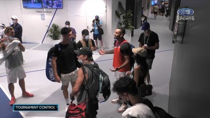 Behind the scenes vision of the aftermath of Nick Kyrgios and Thanasi Kokkinakis' locker room dispute following their doubles match.