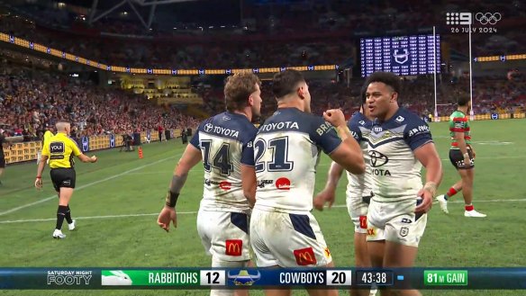 A lovely tap back from Viliami Vailea and then a great one-hander from Jeremiah Nanai set Bradon Burns up for his second against the Rabbitohs.